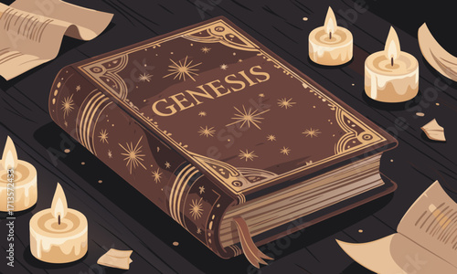 Ancient Genesis Book with Celestial Decorations and Candles.