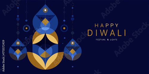Happy diwali festival of lights with geometric lanterns and deep blue background