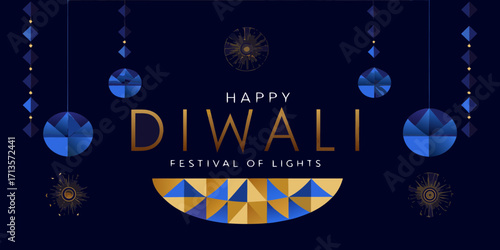 Elegant happy diwali festival of lights greeting with geometric decorations and golden text