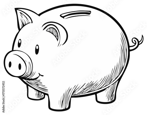 Simple black and white sketch of a cute piggy bank for money saving and financial concepts