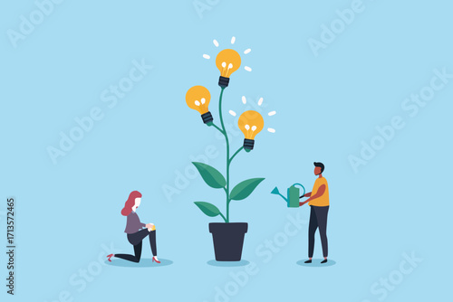 Two people nurturing a plant with lightbulbs as flowers to grow new ideas and innovation