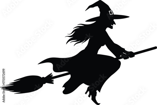 Flying witch silhouette, Halloween broomstick art, spooky fantasy figure, magical character design, gothic horror theme, folklore illustration, vector graphic