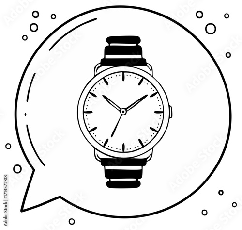 Hand-drawn black and white illustration of a wristwatch inside a speech bubble.