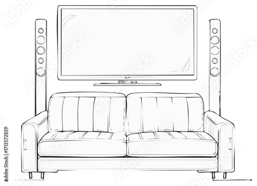 Modern living room sketch with TV, stereo speakers, and a couch. Minimalist illustration.