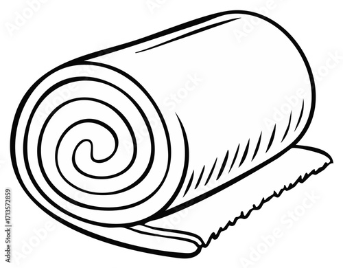 Black and white line art drawing of a neatly rolled blanket, towel, or mat illustration
