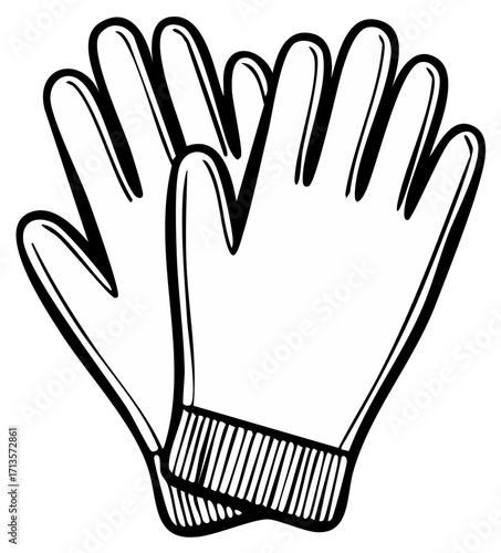 Hand Drawn Gloves Outline, Winter Warmth Handwear, Protective Gear Symbol, Black and White Illustration