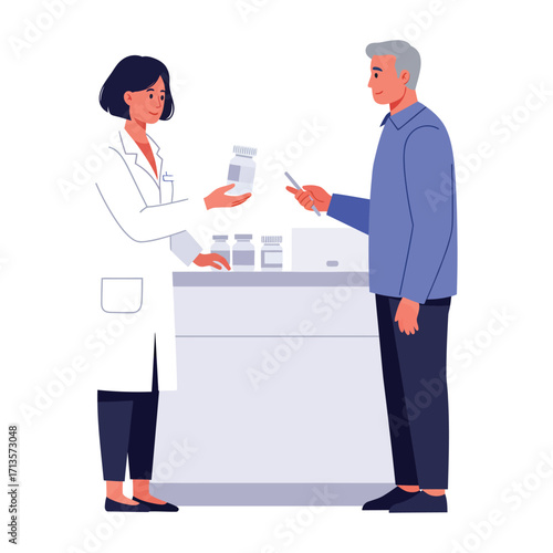 Vector art of pharmacist handing medication to a customer at a pharmacy counter