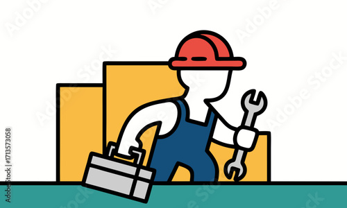 Cartoon construction worker with toolbox and wrench.