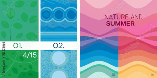 Abstract nature and summer themed graphic design with organic shapes and wavy lines