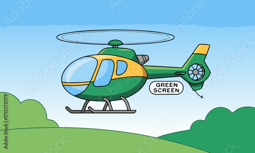 Cartoon green and yellow helicopter with green screen label.