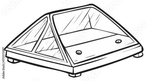 Stylized black and white illustration of a display case with a glass top and wooden base