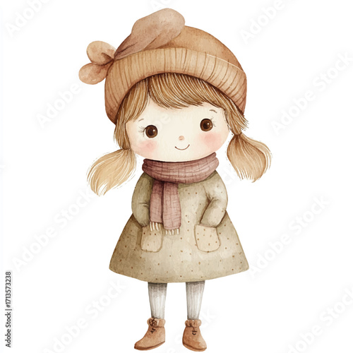 Adorable little girl in winter attire wearing a hat scarf and coat ready for cold weather.