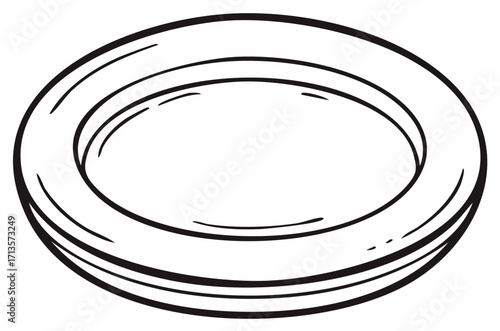 Vector black and white simple illustration of a ceramic plate, kitchen dishes.