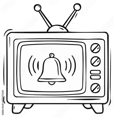 Vintage Television Showing Ringing Bell Notification Hand Drawn Black White Illustration