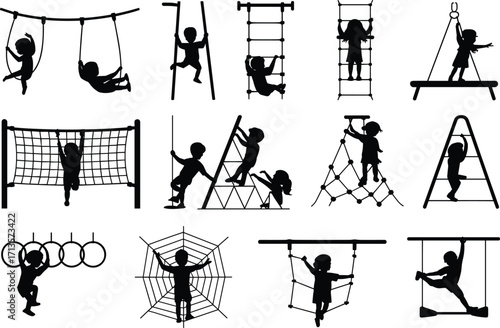 Children playing on playground equipment, silhouettes, swings, climbing frames, monkey bars, jungle gym, active kids, outdoor fun