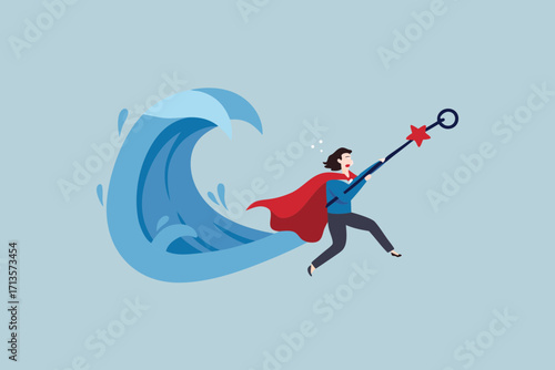 Superhero businesswoman bravely facing a giant wave with a fishing rod and a star lure