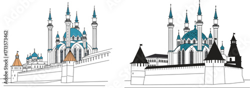 Two drawings of Kazan Kremlin with Kul Sharif Mosque