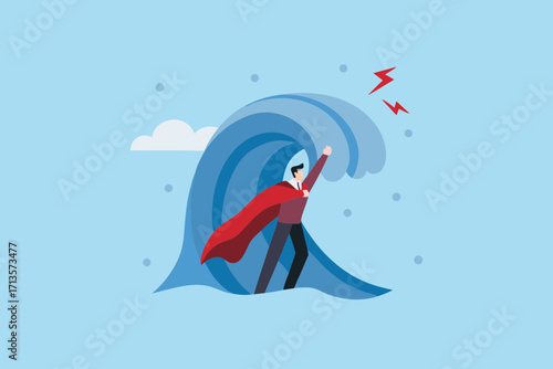Superhero businessman bravely facing a giant wave and overcoming challenges with determination and strength