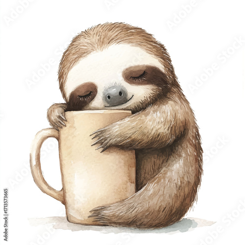 Adorable Sloth Embracing a Warm Mug with Gentle Affection.
