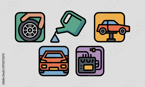 Collection of car service and repair icons.