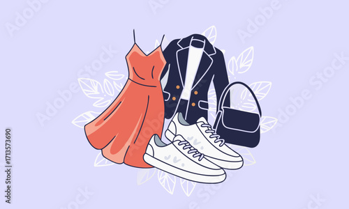 Collection of stylish clothing and footwear items.
