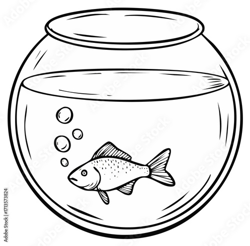 Single goldfish swimming inside a classic round glass fishbowl with water and small bubbles, line art illustration.