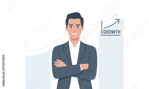 Confident businessman with arms crossed in front of growth chart.