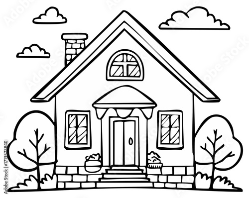 Cozy cartoon house outline with trees and clouds ideal for children's coloring pages or home concepts