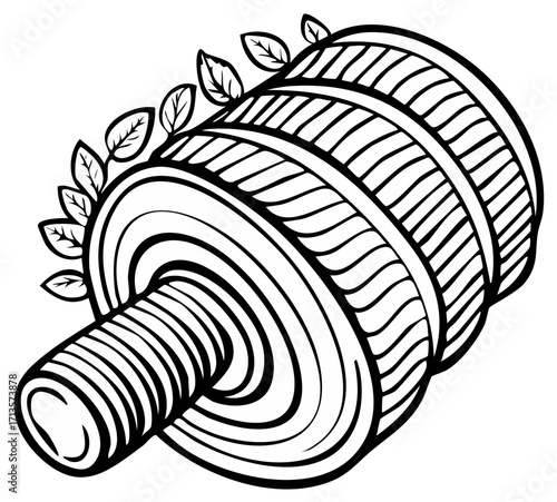 Abstract black and white illustration of a unique, decorated cylindrical form.