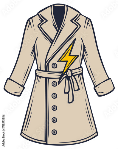 Cartoon style tan trench coat illustration with yellow lightning bolt emblem