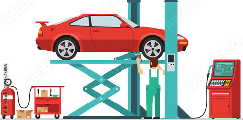 Red sports car lifted for auto repair and maintenance in workshop vector