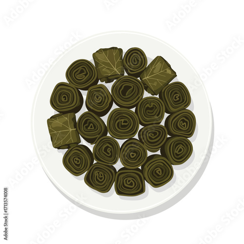 Deliciously rolled grape leaves stuffed with rice and herbs, presented on a white plate, a healthy and traditional dish