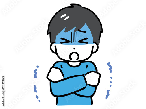 青ざめた顔で震えている私服の若い男性(上半身・正面)