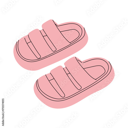 Women and kids colorful summer beach sandals in hand drawn style. Sandals, mules, ballet flats, flip-flops. Stylish modern design of shoes for women and children.