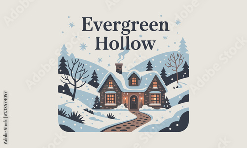 Cozy cottage nestled in a snowy winter landscape with Evergreen Hollow text.