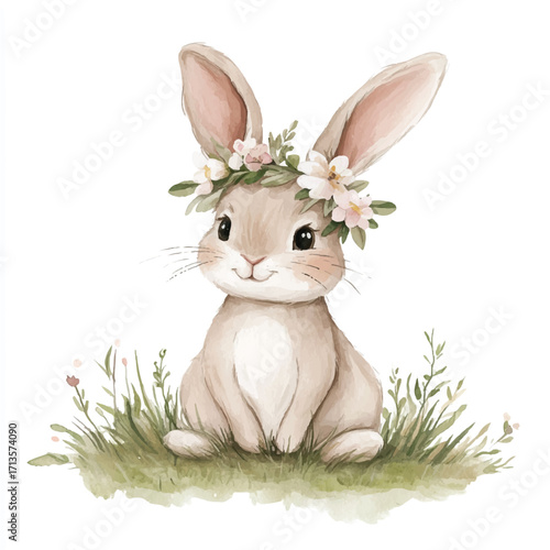 Adorable watercolor bunny with flower crown sitting in grass.