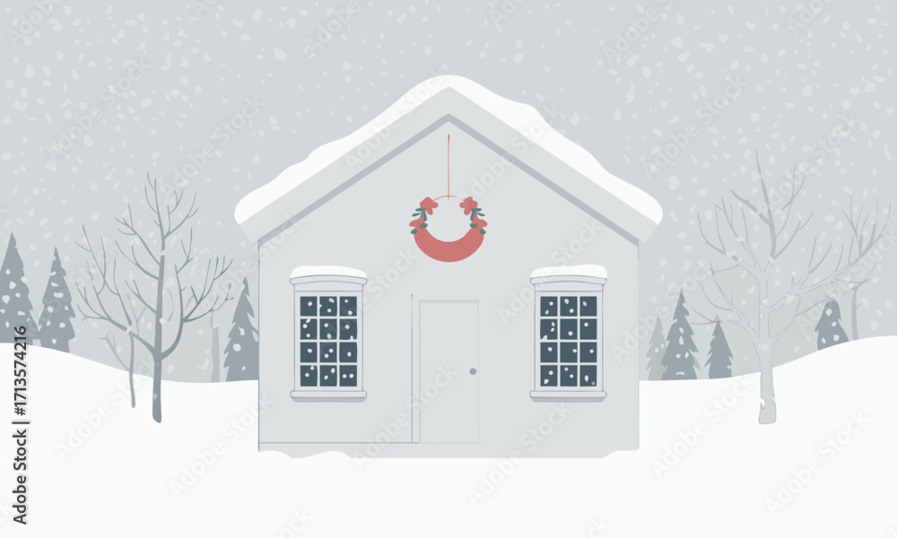 Naklejka premium Cozy SnowCovered House with Festive Wreath in Winter Landscape.