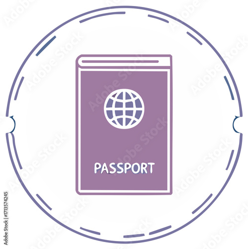 Purple passport document with globe icon for international travel and global identity