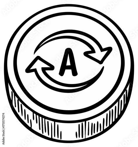 Circular Arrow Icon with Letter A Inside a Coin