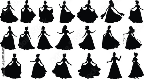 "Elegant female silhouettes, long flowing dresses, graceful poses, princess style, fashion illustration, dancer figures, artistic design, beauty concept, vector art