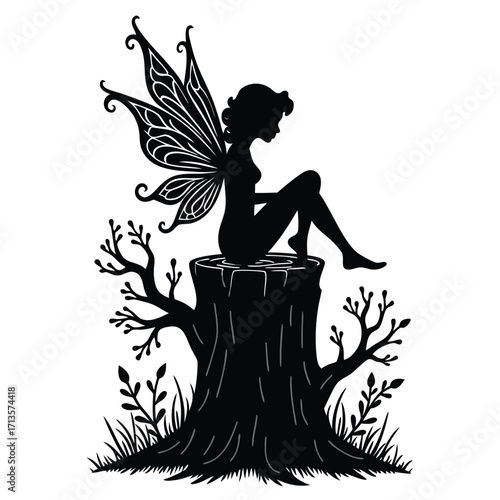 Black silhouette fairy sitting on tree stump with wings