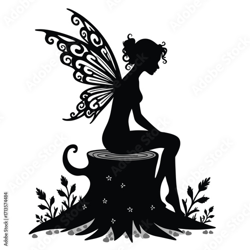 Black silhouette fairy sitting on tree stump with ornate wings