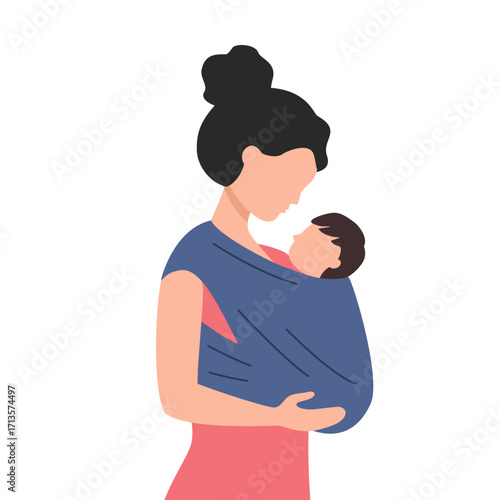 Beautiful mother carrying baby in a sling vector illustration on white background.