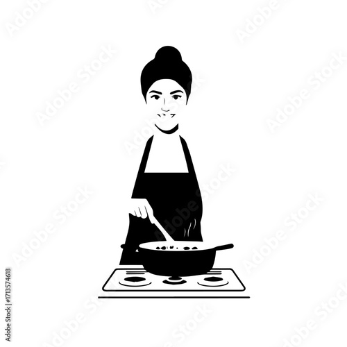 Black and White Vector Illustration of a Smiling Woman Cooking in Kitchen with Apron and Headband