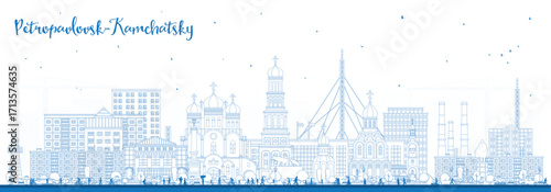 Outline Petropavlovsk-Kamchatsky Russia city skyline with blue buildings. Cityscape with landmarks. Business travel, tourism concept with modern and historic architecture.