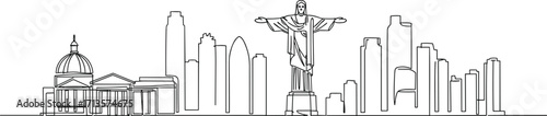 Famous city skyline with Christ the Redeemer statue, historic and modern architecture, global landmark sketch, tourism destination line art, vector cityscape illustration drawing