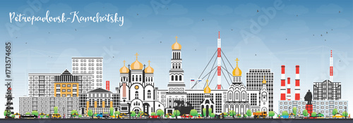 Petropavlovsk-Kamchatsky Russia city skyline with color buildings and blue sky. Cityscape with landmarks. Business travel, tourism concept with modern and historic architecture.
