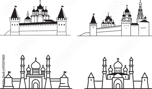 Minimalist outline drawing of Moscow Kremlin and ancient Russian fortress