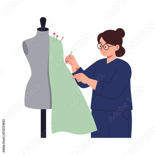 Vector art of a woman is sewing a dress on a mannequin
