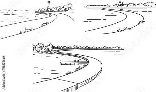 Vintage vector drawings of river embankment landscape with buildings and trees
